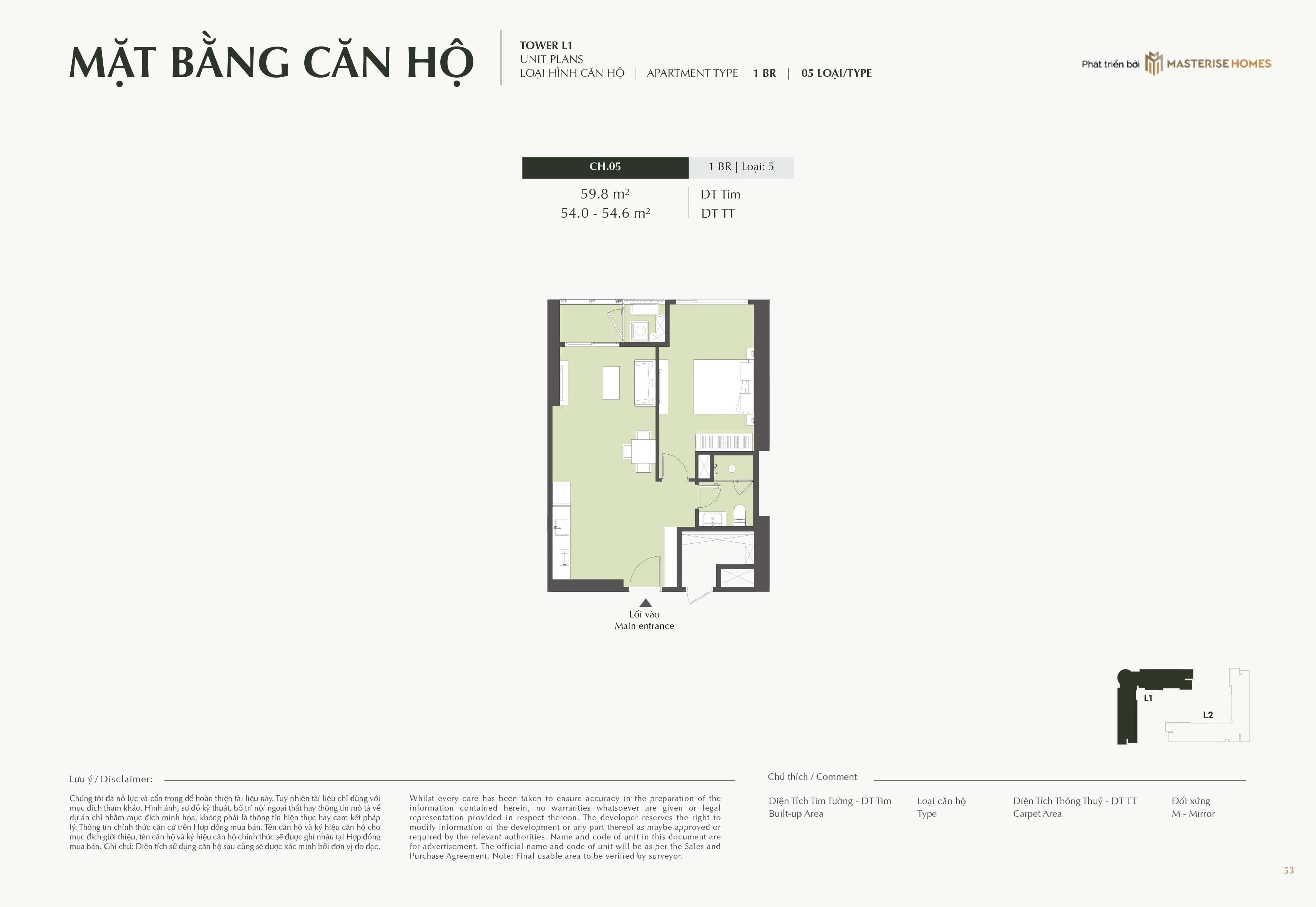 Căn hộ 1 phòng ngủ mẫu 3