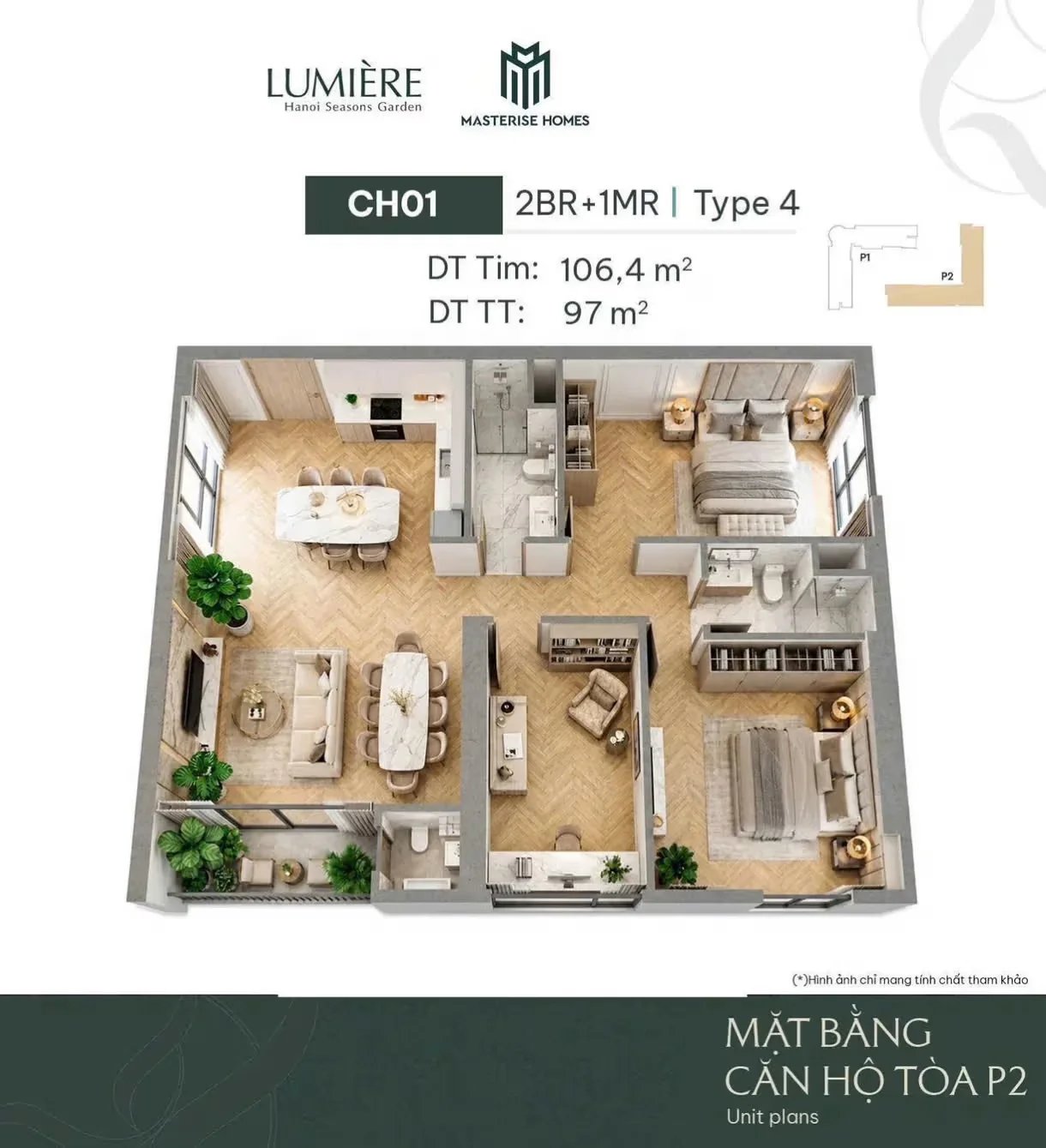 Mẫu mặt bằng bóc mai căn hộ 2 phòng ngủ + 1 phòng đa năng