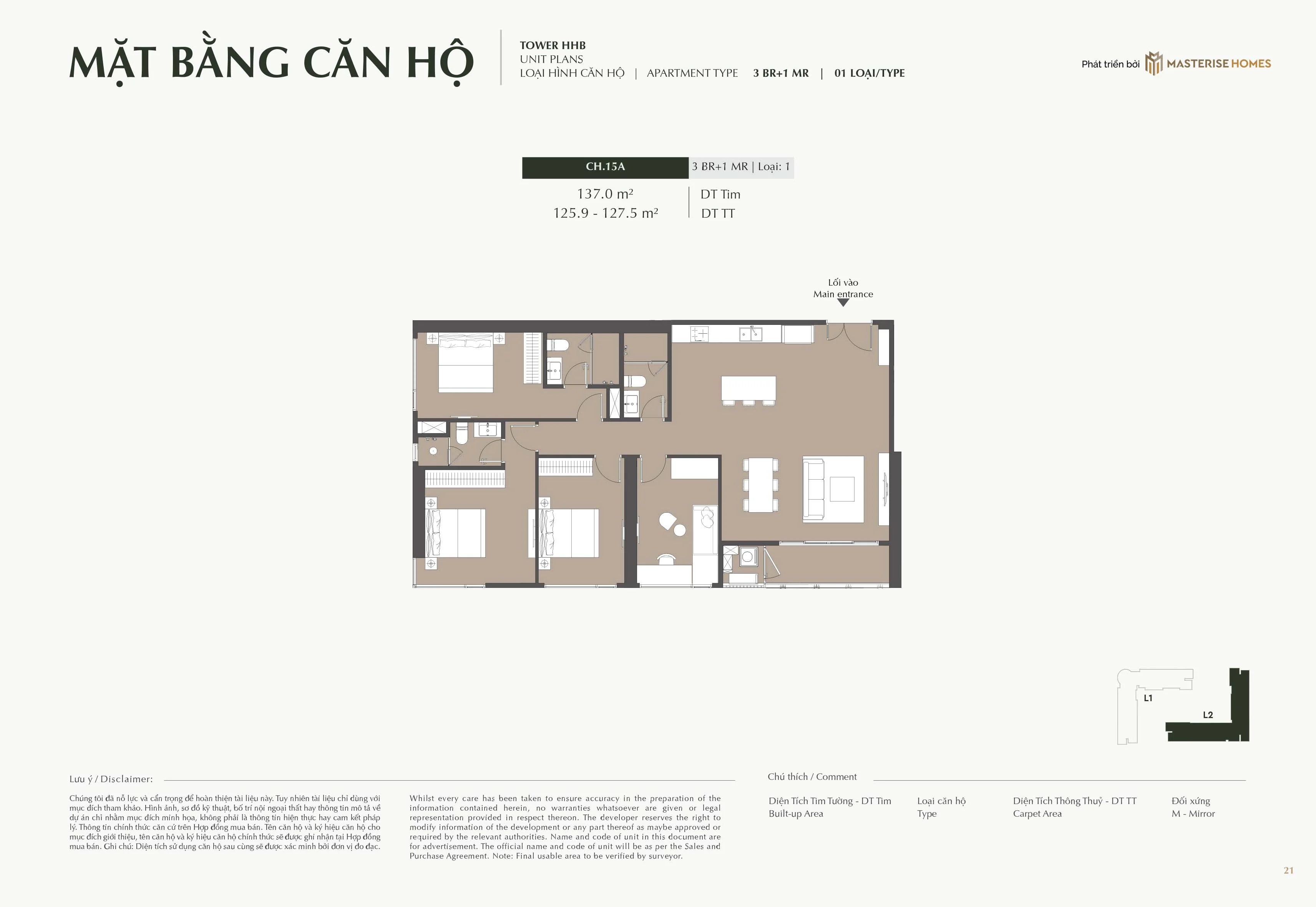 Mặt bằng căn hộ 3 phòng ngủ và 1 phòng đang năng toà L2