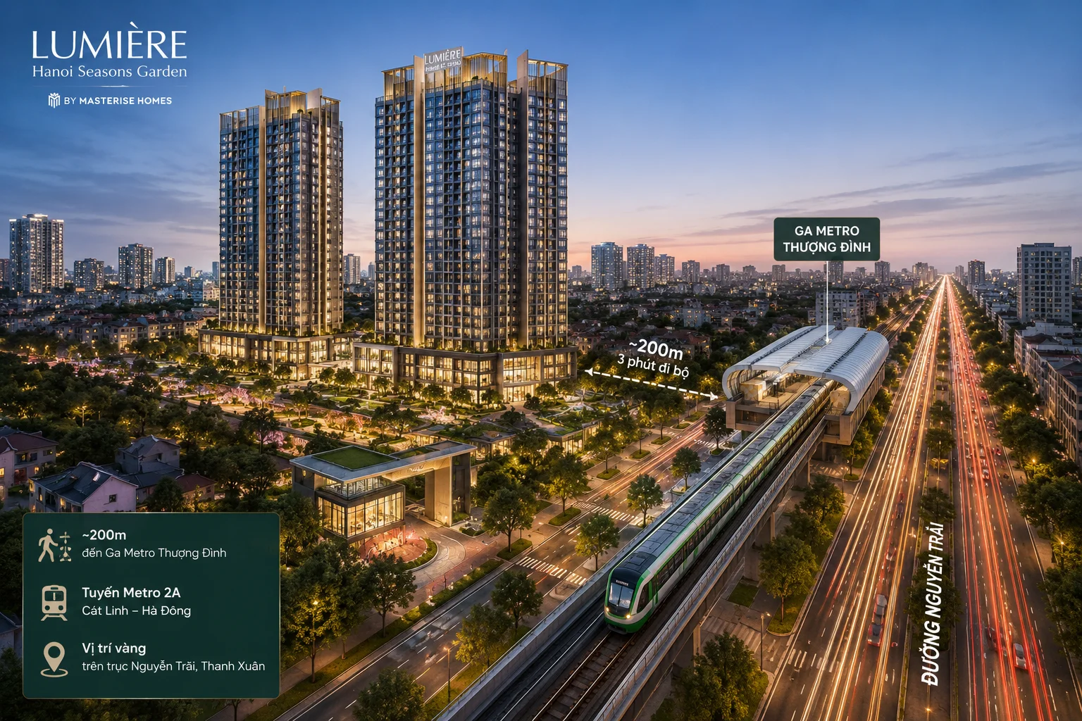 Phối cảnh tổng thể LUMIÈRE Hanoi Seasons Garden gần ga Metro Thượng Đình