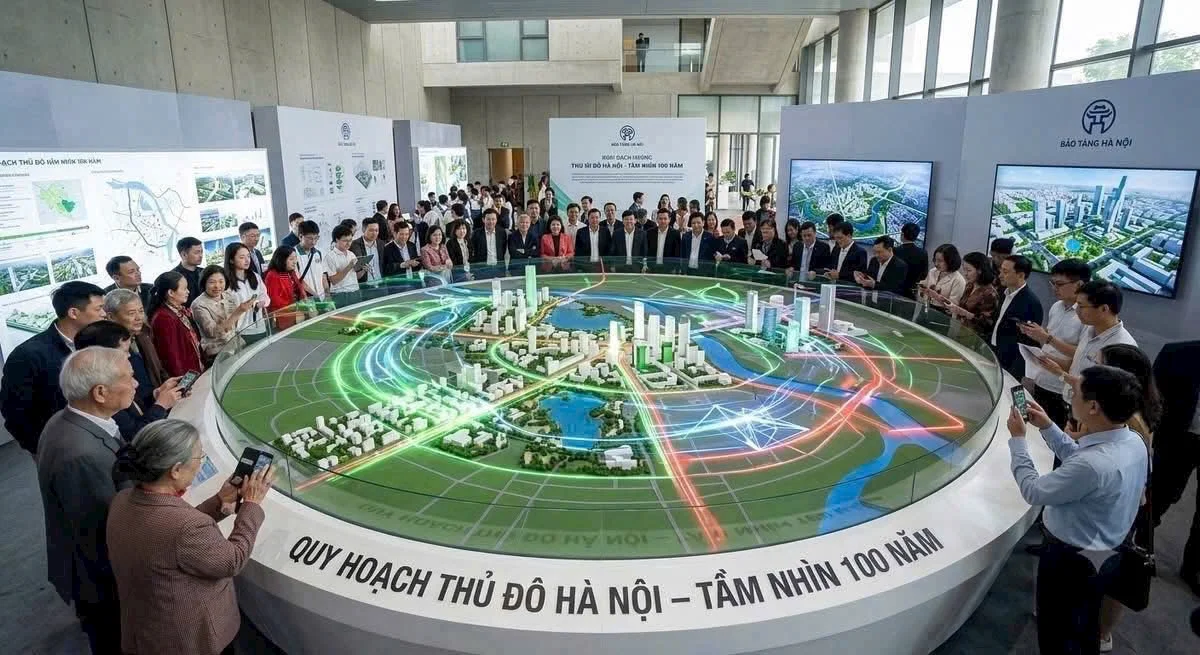 Người dân và chuyên gia tham quan sa bàn quy hoạch Hà Nội kết hợp công nghệ 3D Mapping