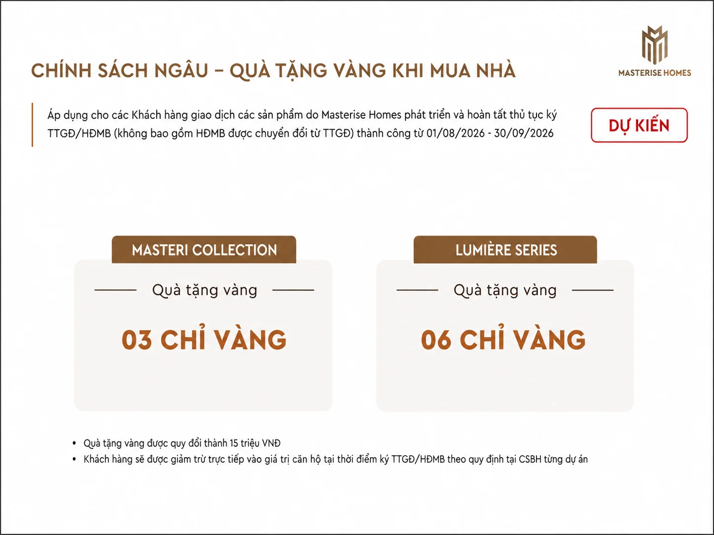 Ưu đãi tặng vàng khi mua căn hộ Masteri Collection và LUMIÈRE Series của Masterise Homes